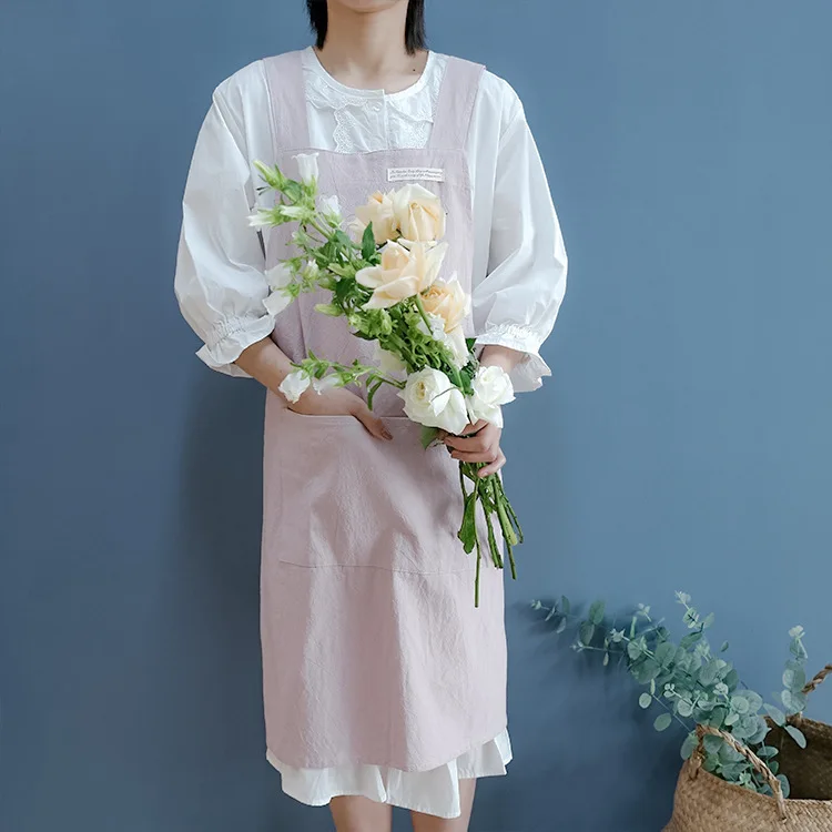 Japanse en Koreaanse katoenen en linnen schort, eenvoudig model, effen kleur, anti-vlek, huishoudelijk keukenschort voor dames.