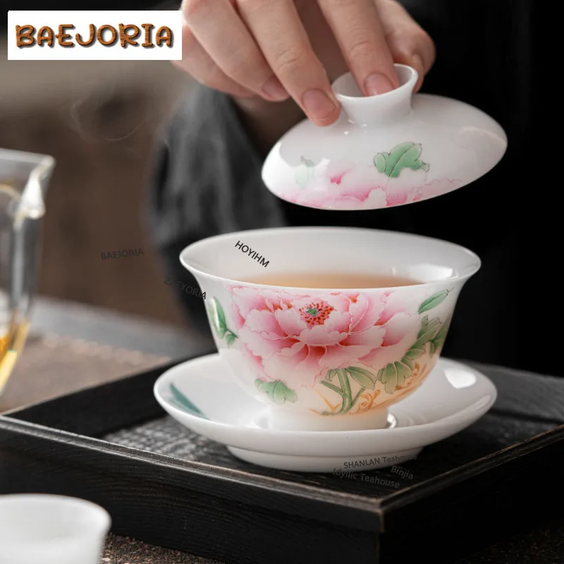 BAEJORIA 135ml Chinese White Jade Mud Porcelain Gaiwan Hand Painted Flower Bird Tea Tureen Tea Making Cover Bowl Tea Ceremony