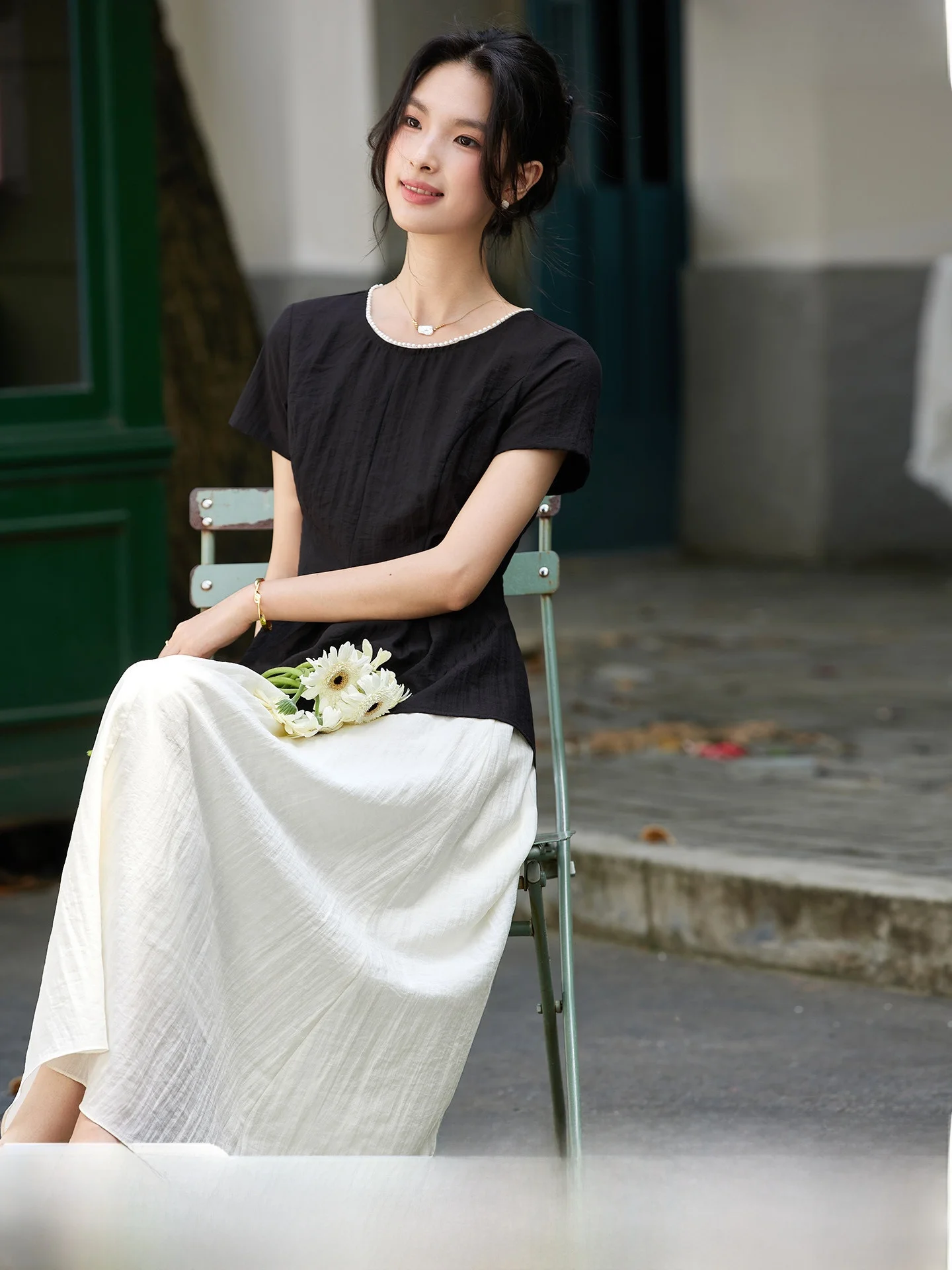 

Vimly Commuter Style round Neck Two-Piece Set Irregular Half Skirt Women's Summer New Fashion Ensemble Adult Short Sleeve