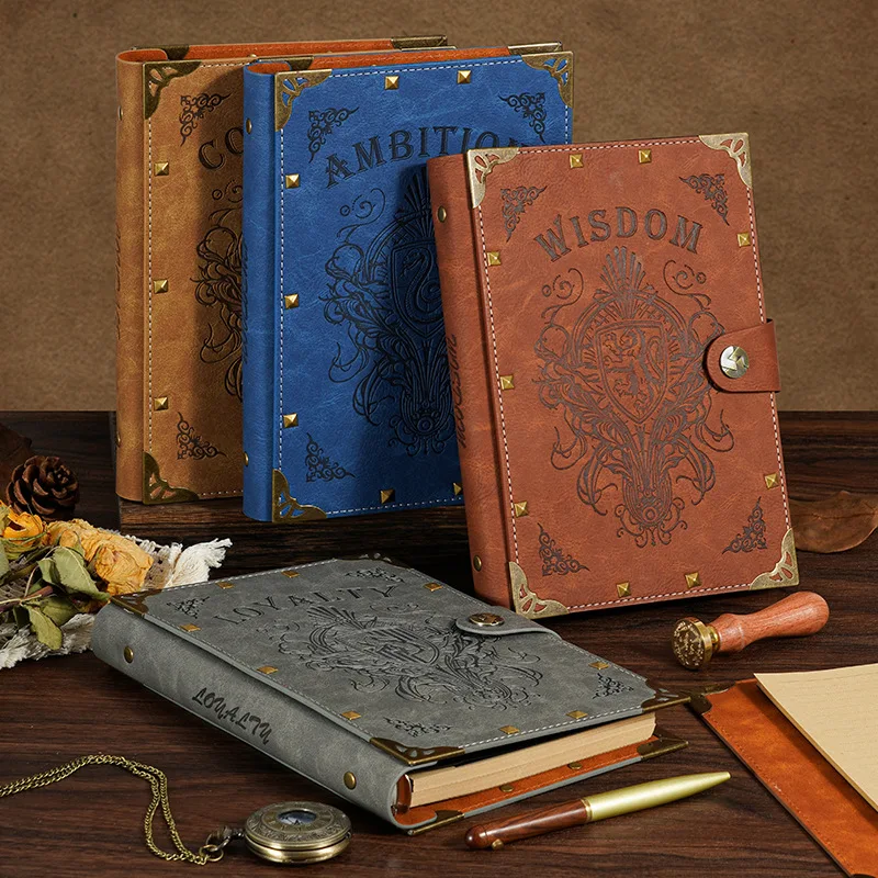 Vintage Wizard Academy A5 Leather Notebook Embossed Magic Diary Loose Leaf Journal Retro Hardcover Notebook