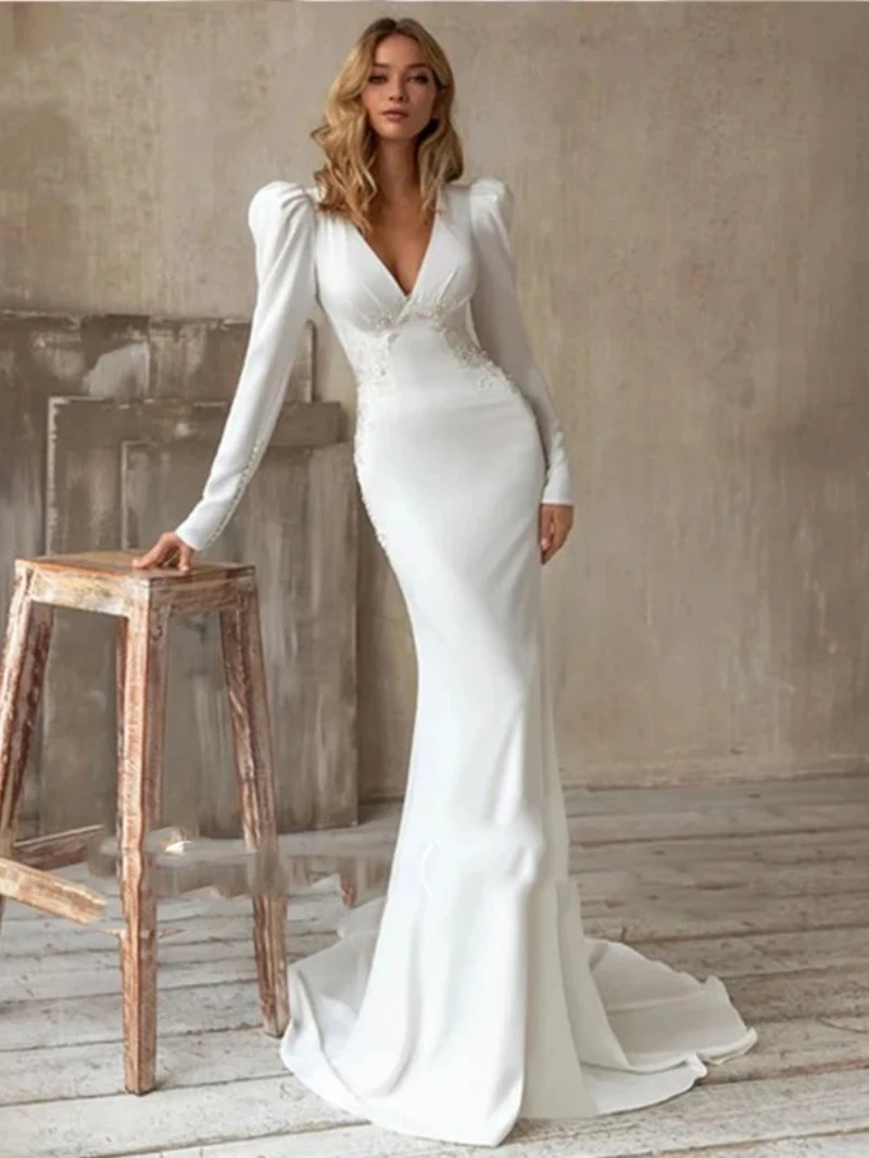 Abiti da sposa eleganti abiti da sposa Sexy con scollo a v profondo maniche lunghe a sbuffo per abiti da cerimonia in raso abiti di lusso De Novia