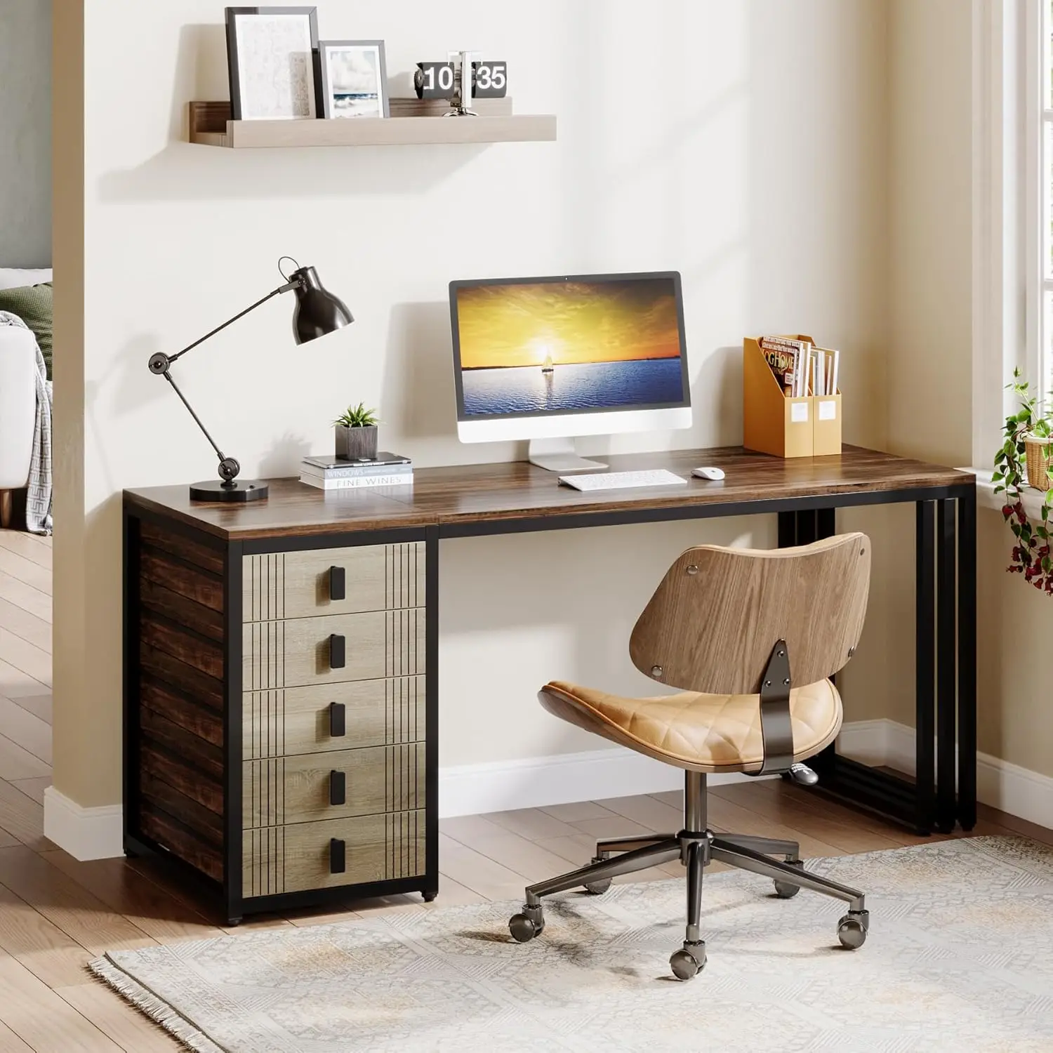 Computer Desk with 5 Drawers, 55-Inch Home Office Desk with Reversible File Drawer Cabinet, Modern Wooden Work Writing Study