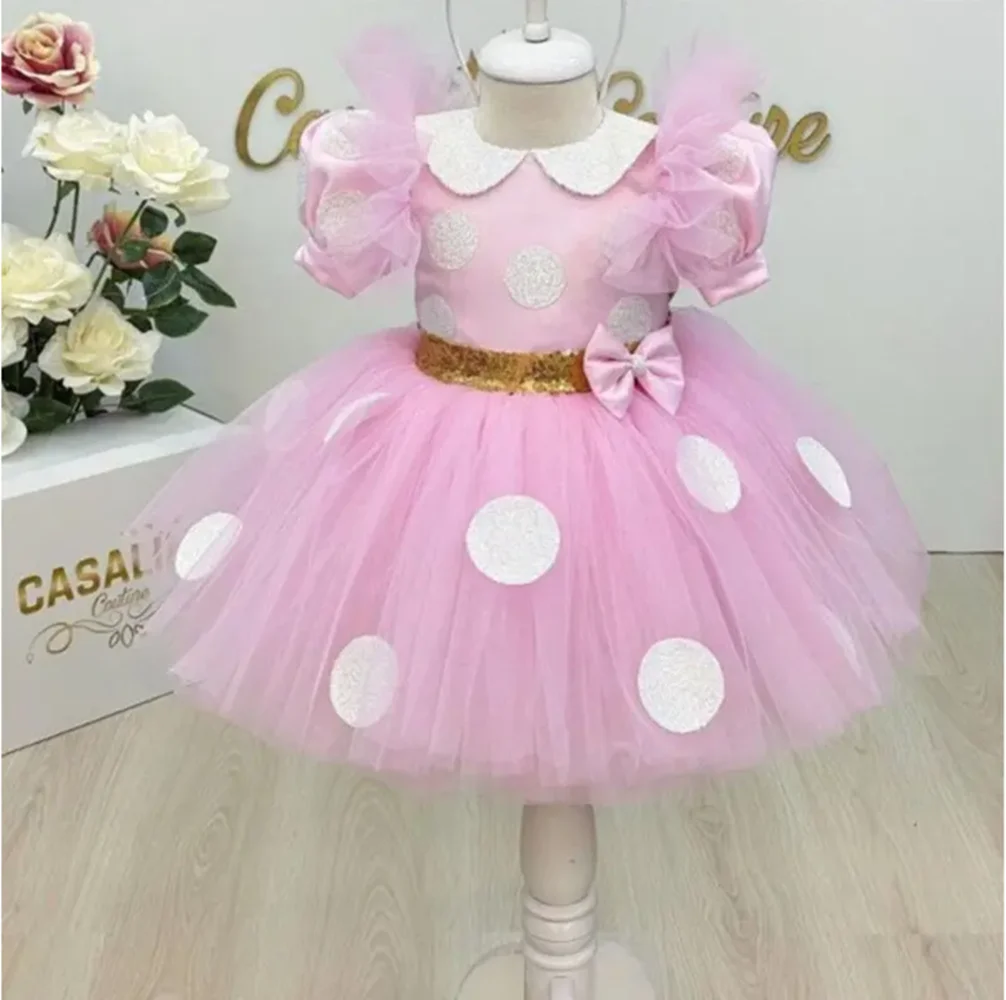 

Cute Baby Girl Pink Sequin Birthday Dresses Knee Length Tulle Bow Wedding Party Dress Toddler Kids Puffy Sleeve Tutu Ball Gown