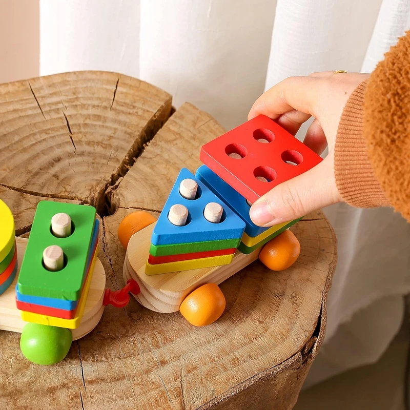 Kinderhouten Bouwsteen Trein Speelgoedvorm Sorteerder En Stapelspel Voor Peuters Bijpassende Puzzel