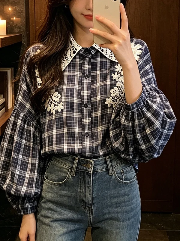 

plus Size Women's Fashionable Lace Collar Shirt Glitter Diamond Plaid Slimming Top Commute Style Korean Version 2026 Summer New