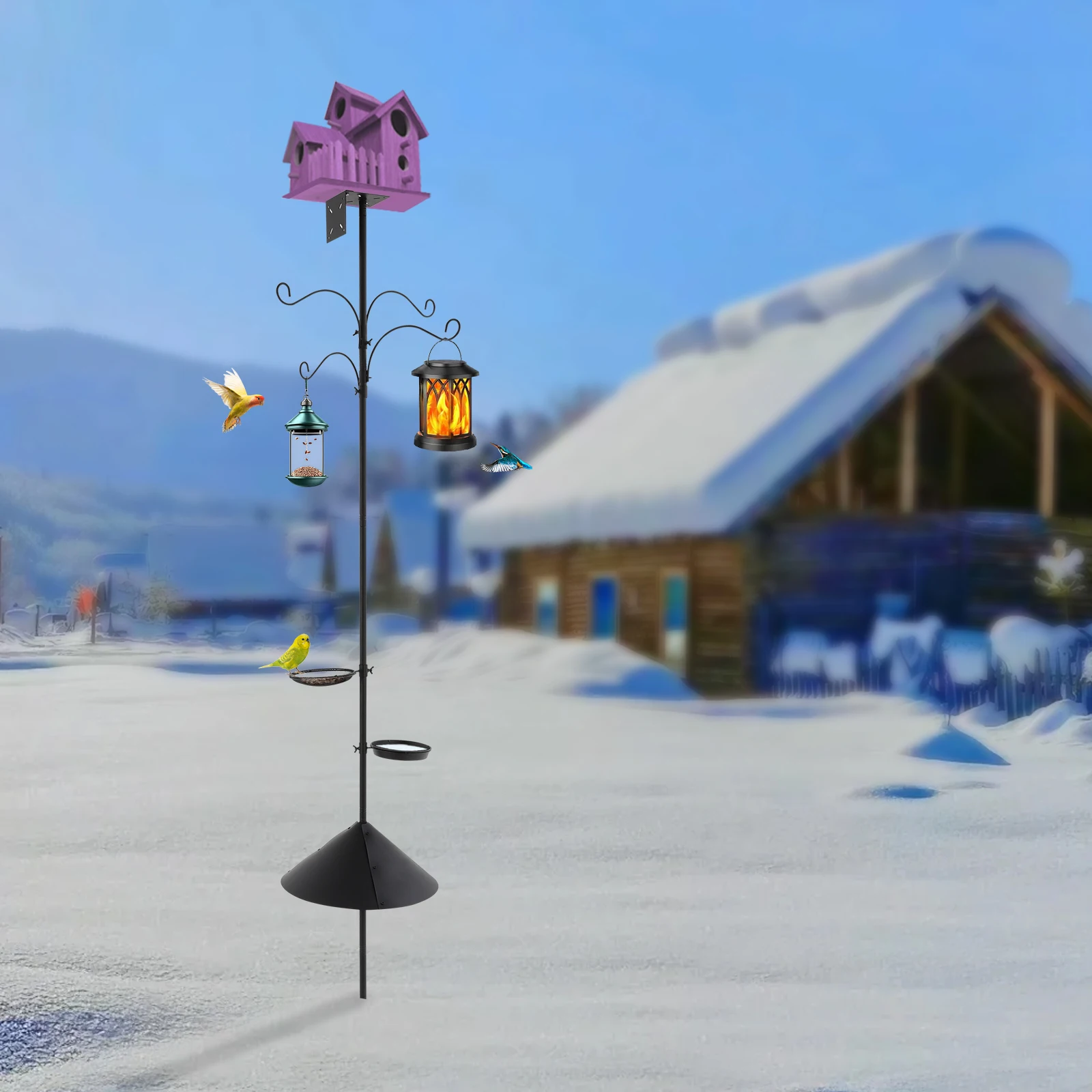 Metal and Iron Outdoor Bird Feeder Tray with Hooks Adjustable Bird Feeding Pole with Squirrel Proof Baffle - Image 4