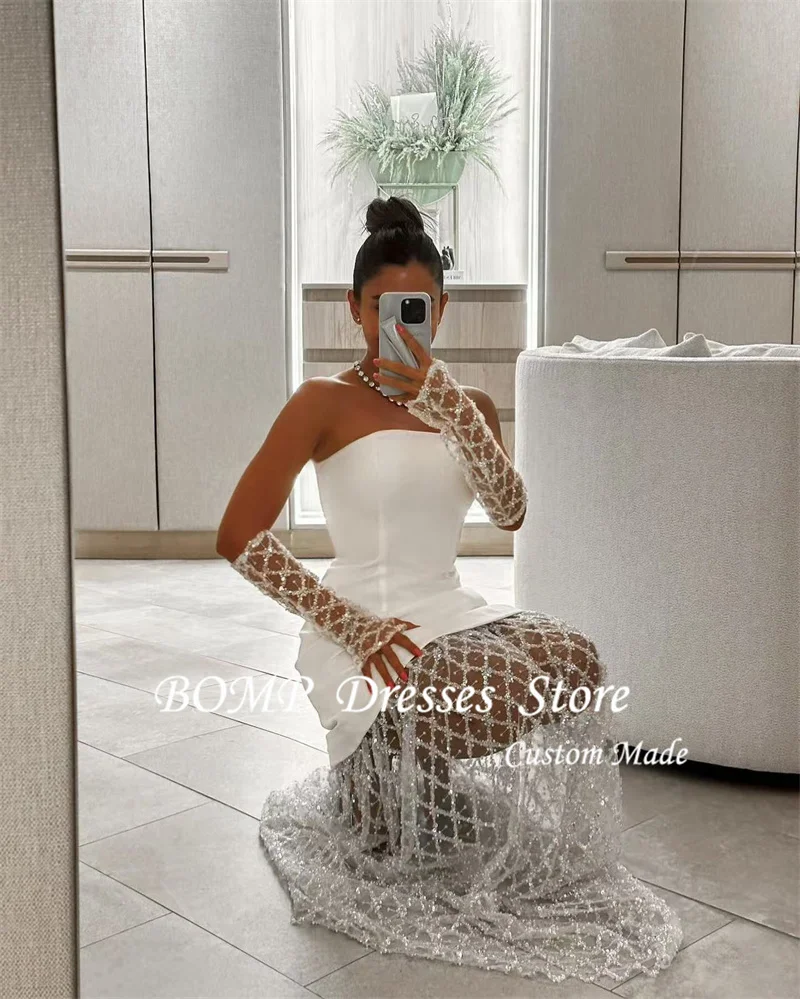 BOMP White Wedding Dresses Strapless Lace Skirt Dubai Arabic Women bride Gowns Grid Fabic Formal Evening Dress Customized