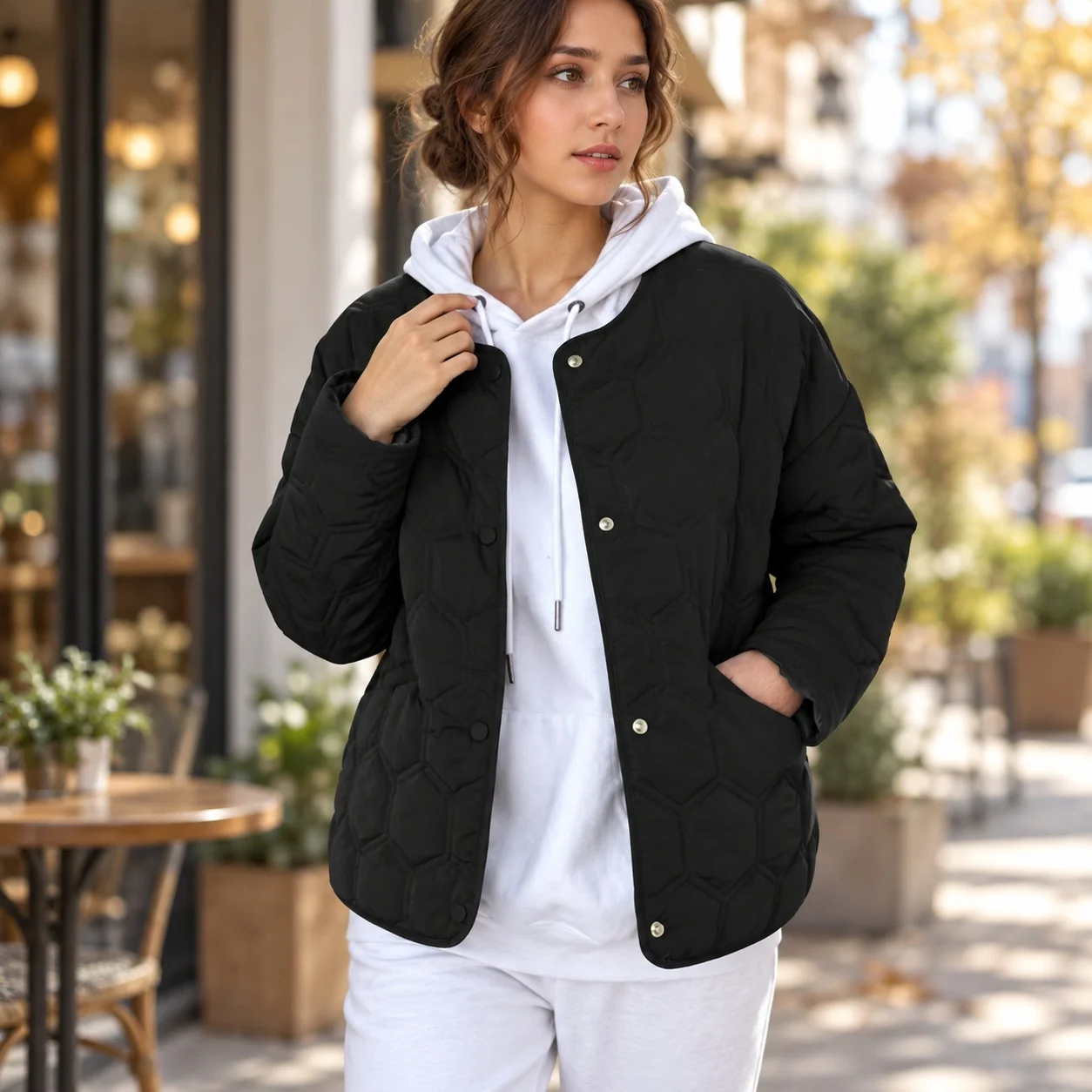 Casual Loose Fit Coat with Japanese Korean Casual Button Closure Regular Length Single Breasted Round Neck Women Autumn Jacket