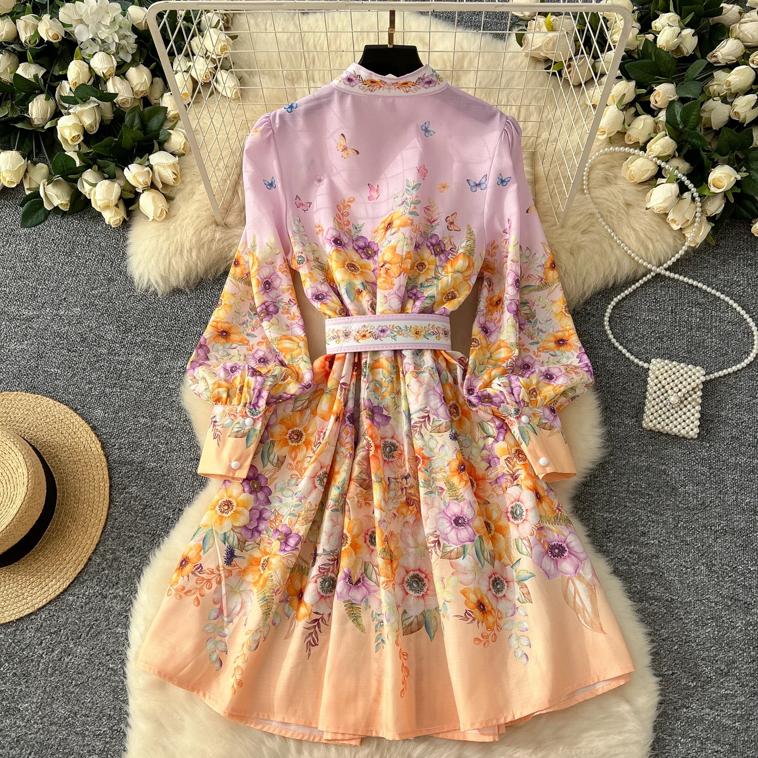 Elegant Lantern Sleeves Vintage Stand Collar Chic พิมพ์แฟชั่น Sashes Slim Single Breasted Dresses High Street ฤดูใบไม้ร่วงเสื้อผ้า