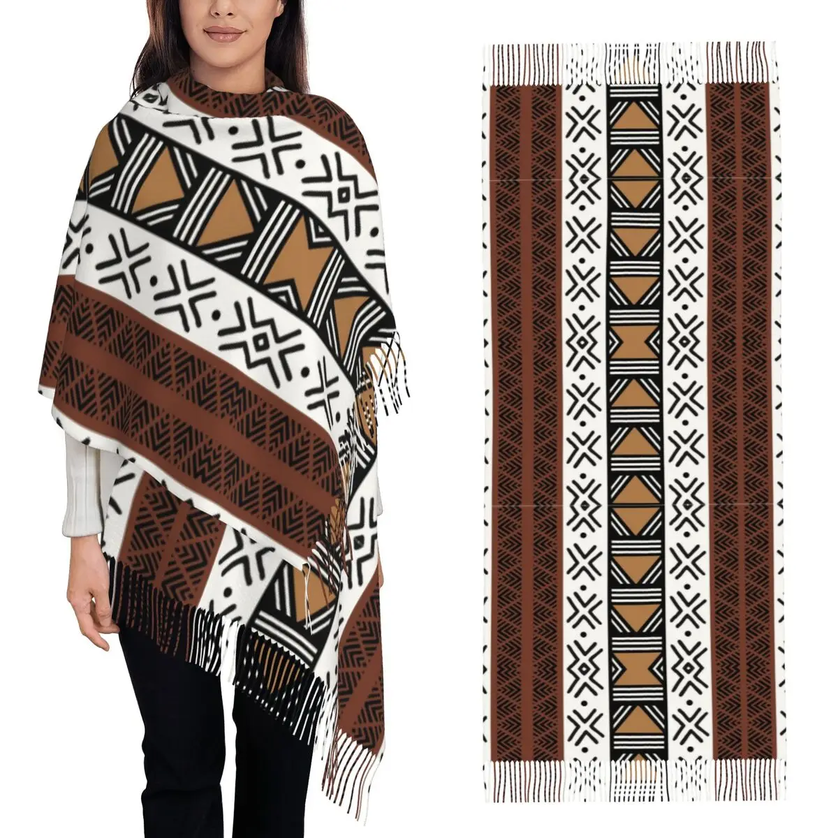 African Tribal Bogolan Pattern Scarf Tassel Scarves Women Soft Warm Shawls and Wraps Large Fall Winter Shawl Wrap