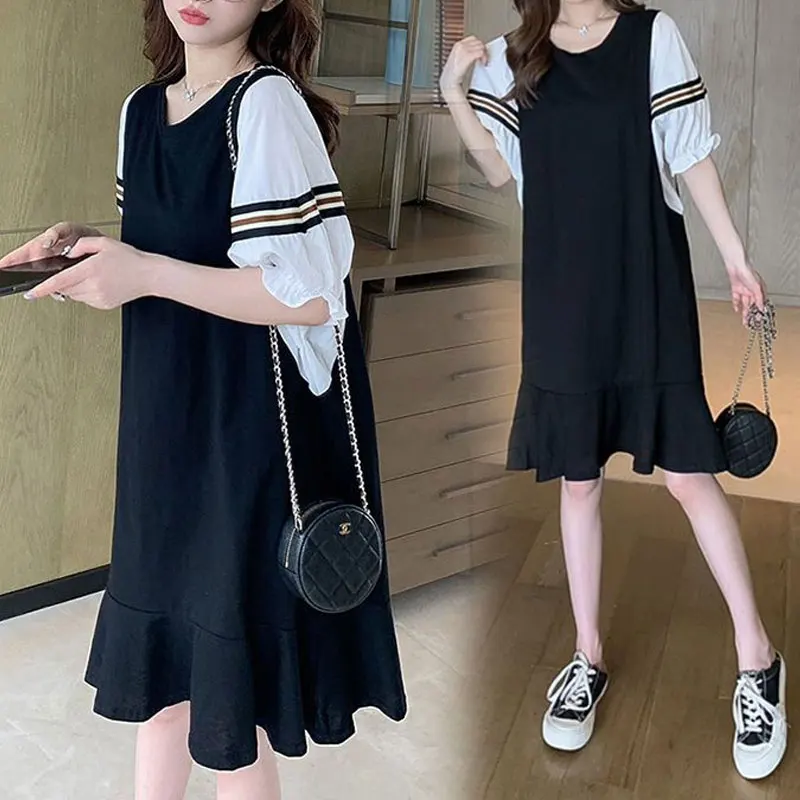 

Female Clothing Casual Fake Two Pieces Dresses Summer Short Sleeve Loose Stylish Folds Patchwork Basic A-Line Waist Midi Dress