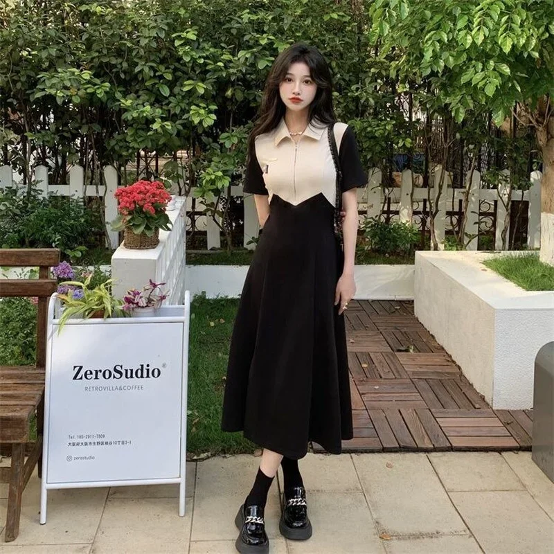 Black Woman Dress Mini Short Clothes Dresses for Women 2024 Splicing Midi New Features of Aesthetic Promotion Hot Vintage Cotton