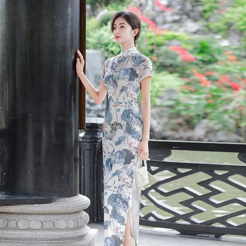 2025 new summer gauze cheongsam women\'s improved dress chinese style elastic slimming long traditional printed qipao dress w305