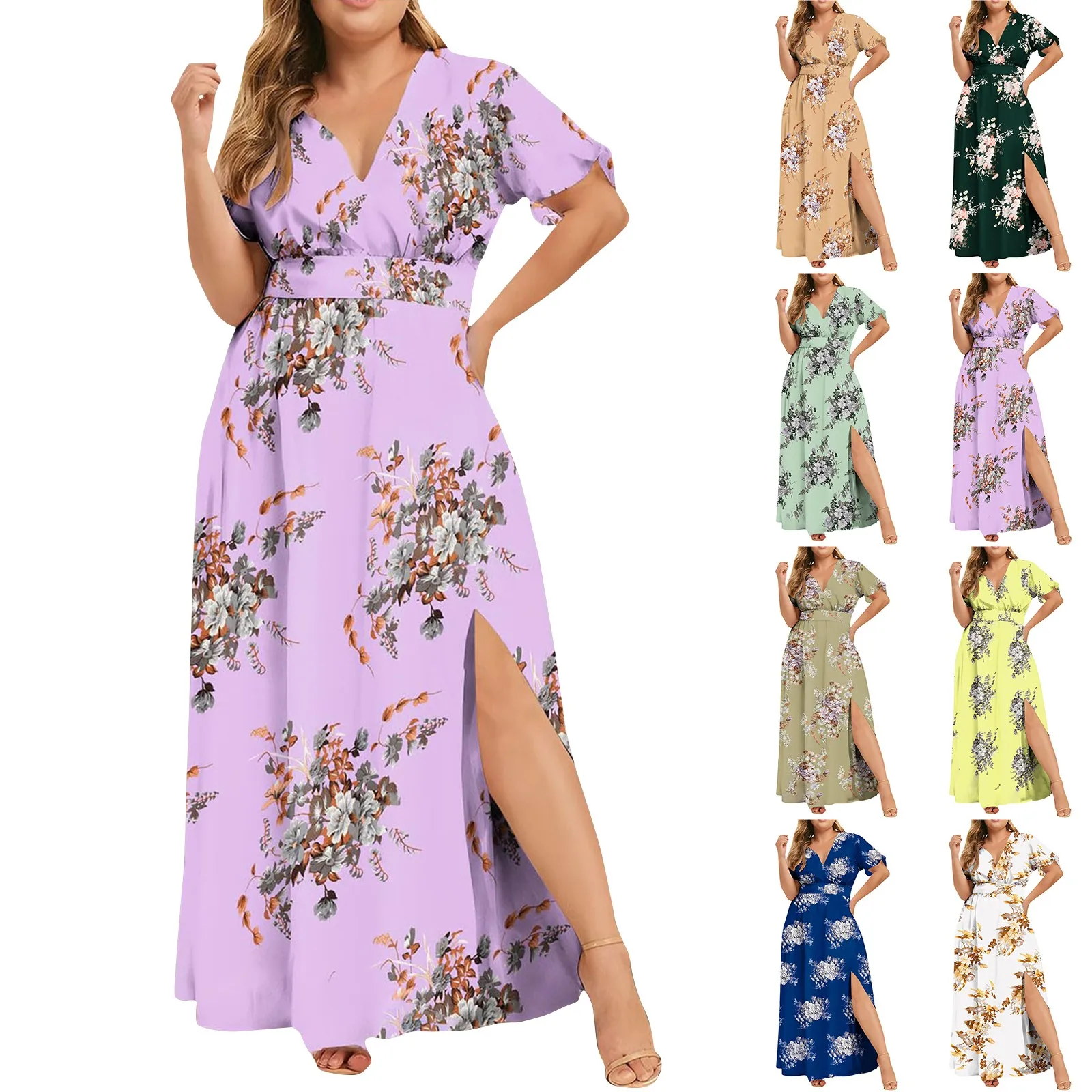 Plus Size Dresses For Curvy Women Summer Elegant Trendy Short Sleeve V Neck Maxi Dress Casual Split Long Dresses vestidos curtos