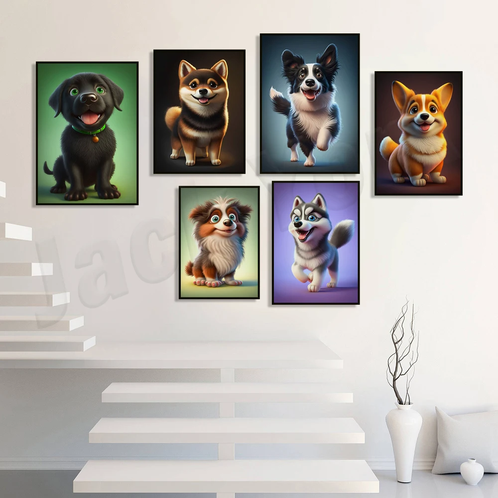 Cute shiba inu, labrador retriever, corgi, siberian husky, australian shepherd, boston terrier, border collie, pug animal poster