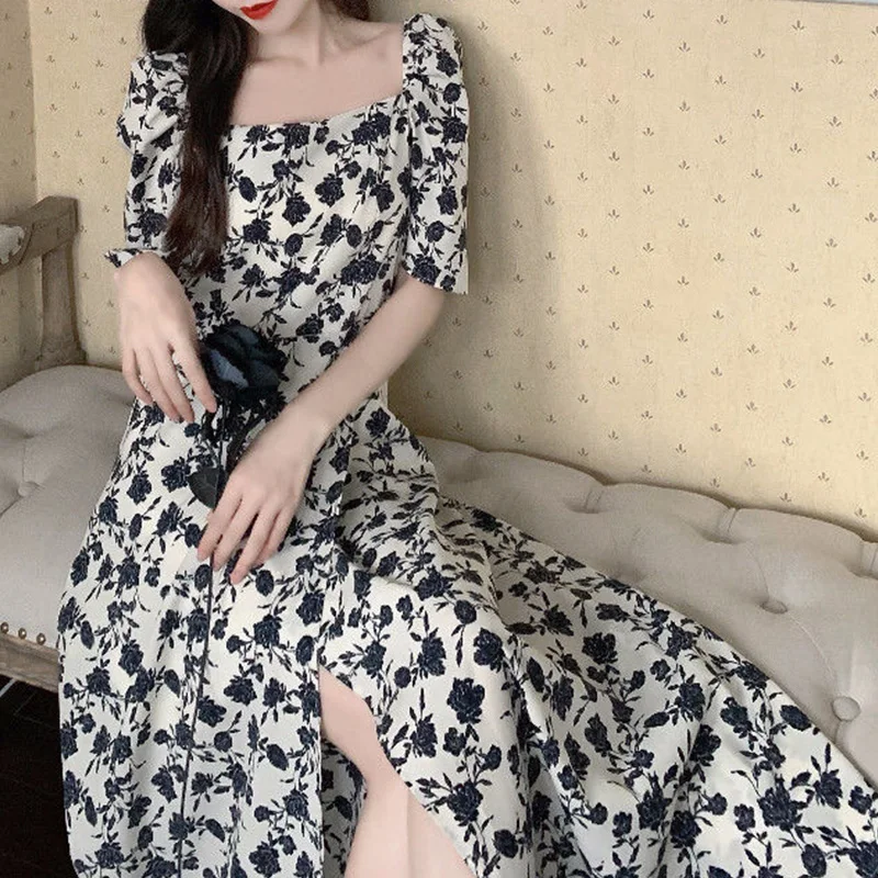 Summer Rose Floral Print Waist Robe Femme Temperament Fashion Chic Long Dress Women Elegant Aesthetic Casual Vestidos De Fiesta