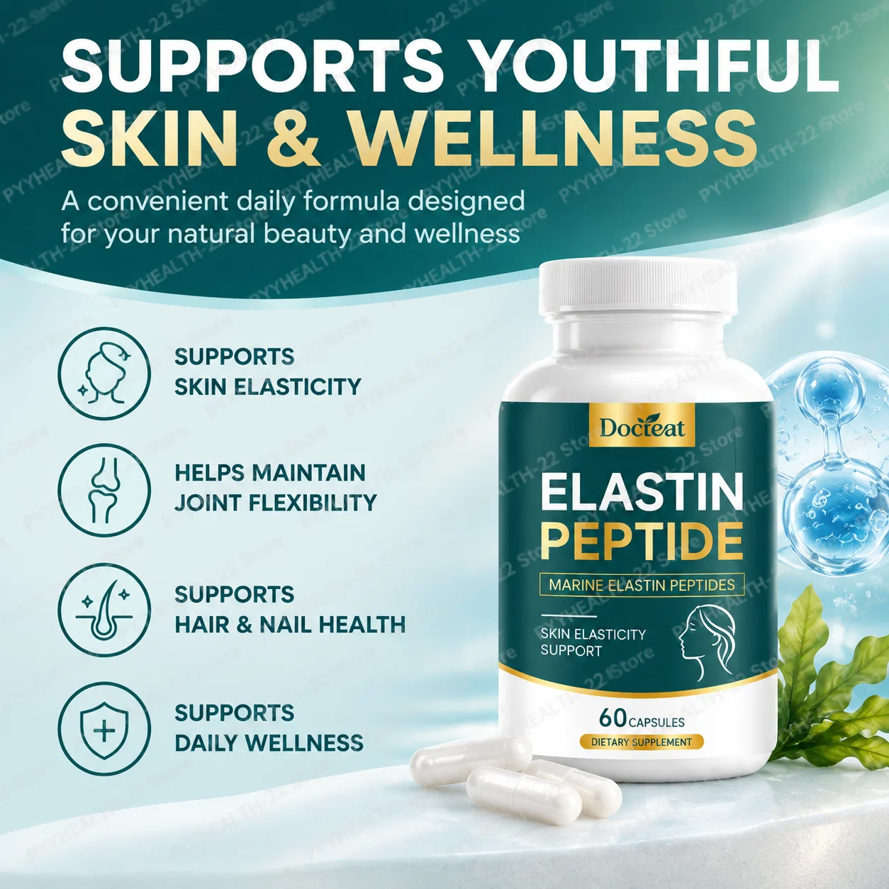 Marine Elastin Peptides Capsules with Hyaluronic Acid Vitamin C, Supports Skin Elasticity, Hair Nail Joint Comfort, 60 Capsules