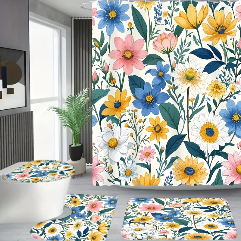 

Набор для ванной комнаты с разноцветным цветочным ботаническим узором из 4 предметов, занавеска для душа, коврик для ванной, сиденье для унитаза и U-образный коврик