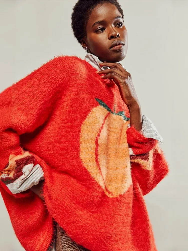 

2025 All-match Winter Clothes Woman Pulls Femmes Loose Simple Style Sweater Printed Round Neck Fashion Casual Homewear Commuting