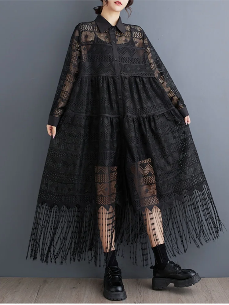 SMTHMA 2023 Nieuwe Lente Herfst Mode Stijl Kant Patchwork Lange Jurk vrouwen Zwart Veelzijdige See Through Losse Shirt Jurken