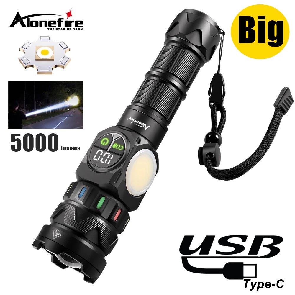 Zoom 5000Lumen Beam light LED High power Flashlight USB Rechargeable Outdoor Hiking Hunting Camping Fishing Powerful COB Torch