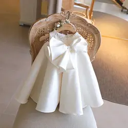 Child Vintage Big Bow Vestido Party Pageant Baby Girl Princess Sequins Pearl Satin Dress Sleeveless Birthday Clothes1-12Y