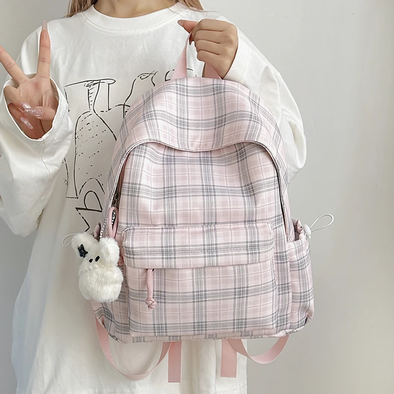 Simple Plaid Nylon Backpack with Multiple Pockets Large Capacity Casual Schoolbag Suitable for Junior And High Student Daily Use