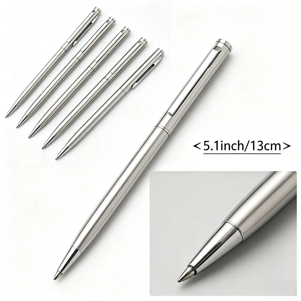 5-20 Pieces of Metal Business-Style Silver-Gray Slim Ballpoint Pens, Silver Stainless Steel Ballpoint Pen Set—Durable, Medium-Sized Nib, Twist-Cap Design, Smooth Writing, Metal Material, Suitable for Business Office/Study, Perfect Gift for Office Workers and Back-To-School Season