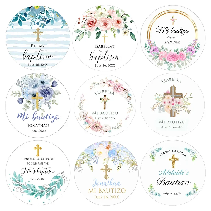 Christening & Baptism Sticker Labels Custom Name Date Text  The First Communion Personalized Floral Frame Party Stickers