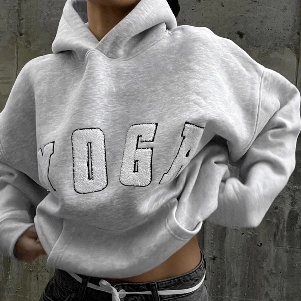 2024 New Arrival oversize Cross-border Hoodie Sweatshirt for Women Grey Embroidered YOGA Letter Print and Loose Fit