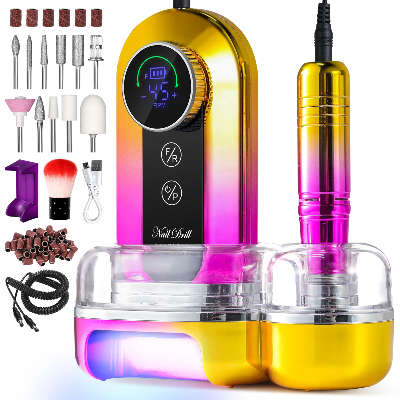قابلة للشحن مسمار الحفر 45000 دورة في الدقيقة الكهربائية ملف الأظافر عدة آلة طلاء الأظافر مع مصباح الأظافر مسمار ساندر للأظافر هلام الاكريليك