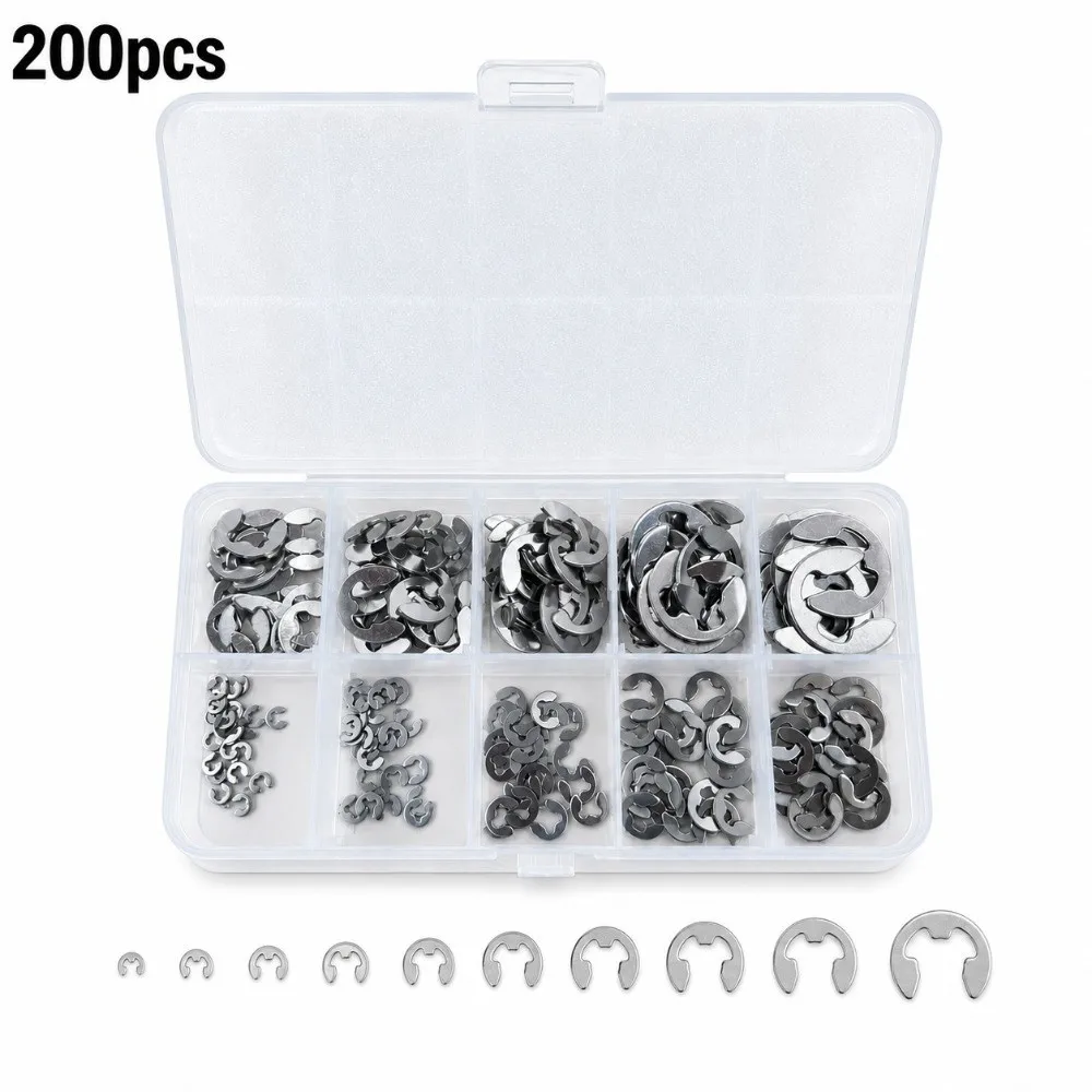 200pcs Stainless Steel Retaining Ring Kit 1.5mm-10mm Range Bearing Type Snap Ring Set External Circlip Kit Bearing Maintenance