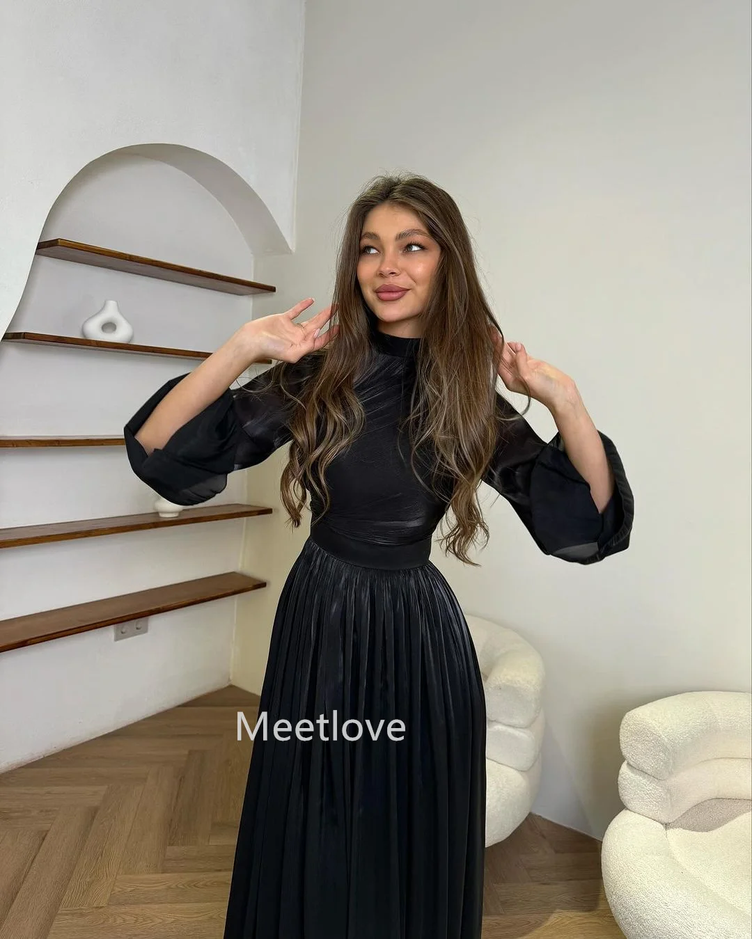 فستان كوكيز نسائي أسود من Meetlove ، فستان بسحاب ، فساتين بفتحة رقبة حرف V ، أنيقة وجميلة ، سحاب ، مناسبة رسمية