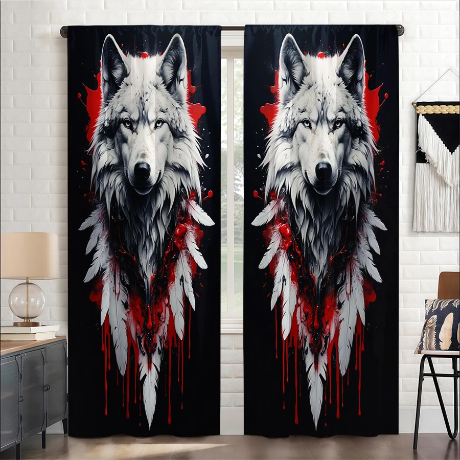 2PCS Digital Print Curtain, White Wolf Head Feather Red Splash Black, Gothic Native Wildlife for Bedroom Kitchen Decor
