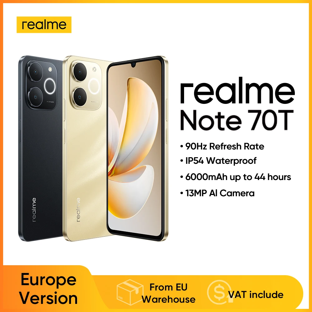 Smartphone realme Note 70T AI, version globale, �cran 6,75 pouces 90 Hz, batterie 6000 mAh, appareil photo IA 13 MP, chipset octa-core, IP54