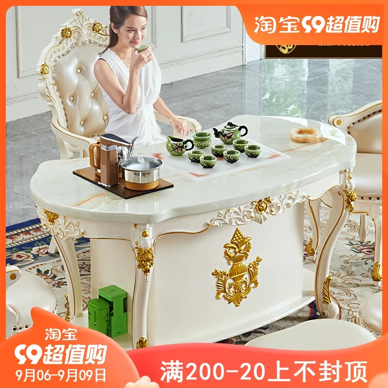 

European style tea table, all solid wood marble tea table, living room balcony, home villa, club tea table, kung fu tea art tabl