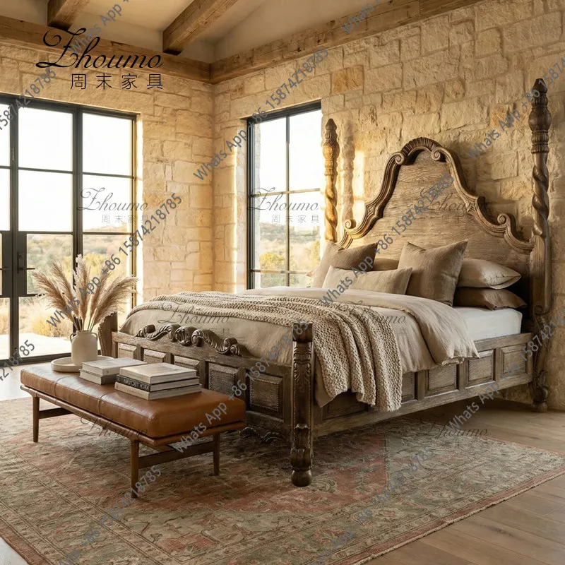 French retro solid wood carving flower bed antique style old double bed oak Roman column villa big bed