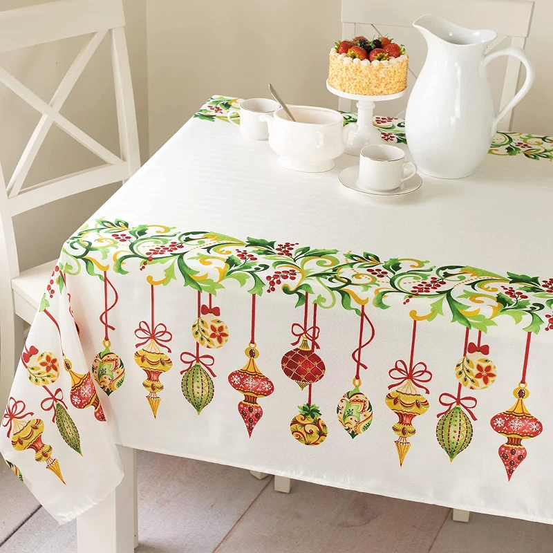 Benson Mills Holiday Trimmings Printed Fabric Tablecloth for Christmas, Holiday, and Winter 60