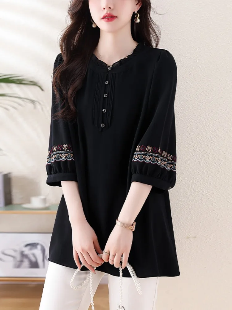 Ele geborduurde losse moeder irt zomer nieuwe Sle Koreaanse versie polyestervezel Seven Sve rond Ne halflange chiffon...