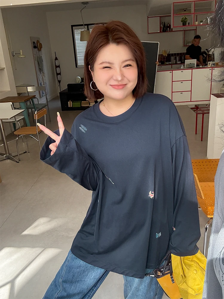 

Loose Long Sve round Ne T-irt for Women plus Size Casual Sle Printed Faionable Meat Concealing Cotton Blend T-irt