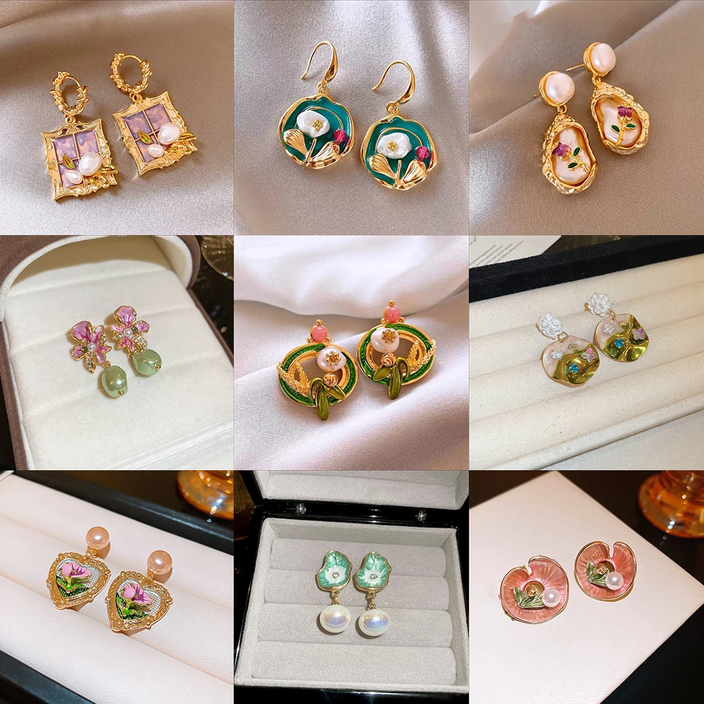 

Authentic Golden Electroplated French Pearl Flower Earrings Court Style Retro Niche Light Luxury Jewelry