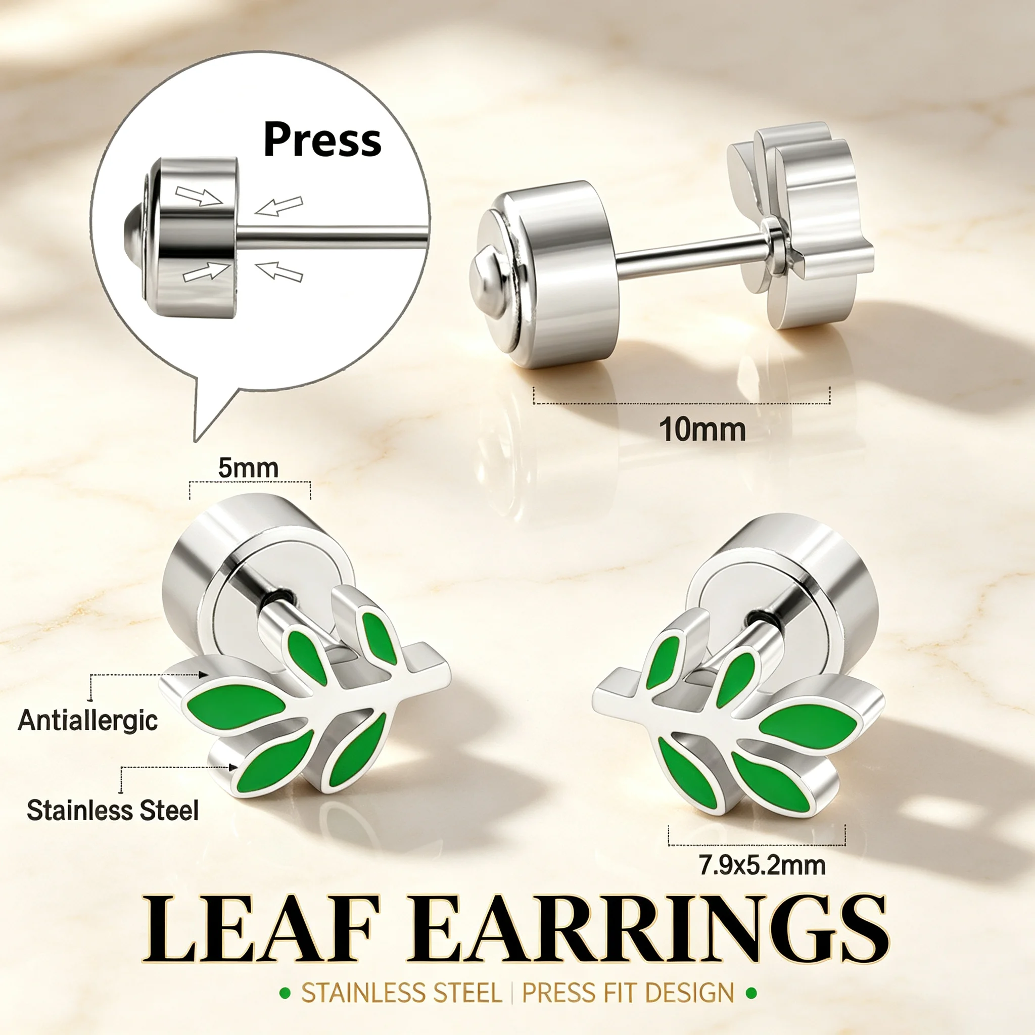 Leaf Enamel Stud Earrings Stainless Steel Press Fit Cartilage Earring Hypoallergenic Mini Plant Ear Jewelry For Daily Wear