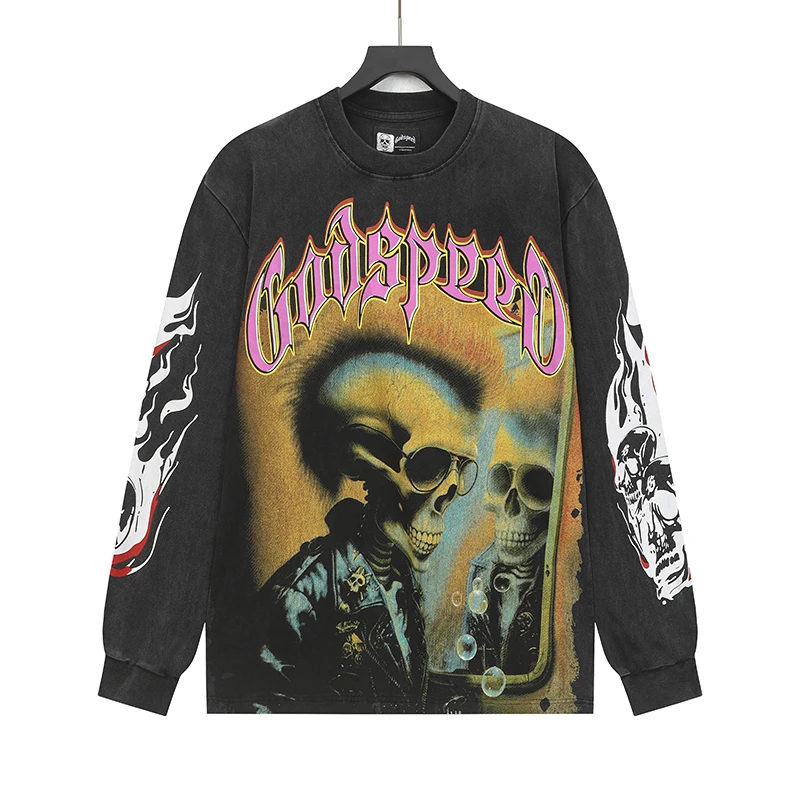 

Футболка Godspeed с длинными рукавами и граффити, хлопковые топы с необработанными краями, череп с буквенным принтом для мужчин и женщин, универсальные с длинными рукавами
