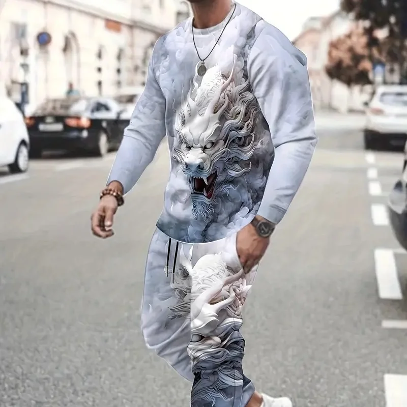 Printed long-sleeve T-shirt set for men 2025 O-neck T-shirt with drawstring waist trousers sports leisurewear set