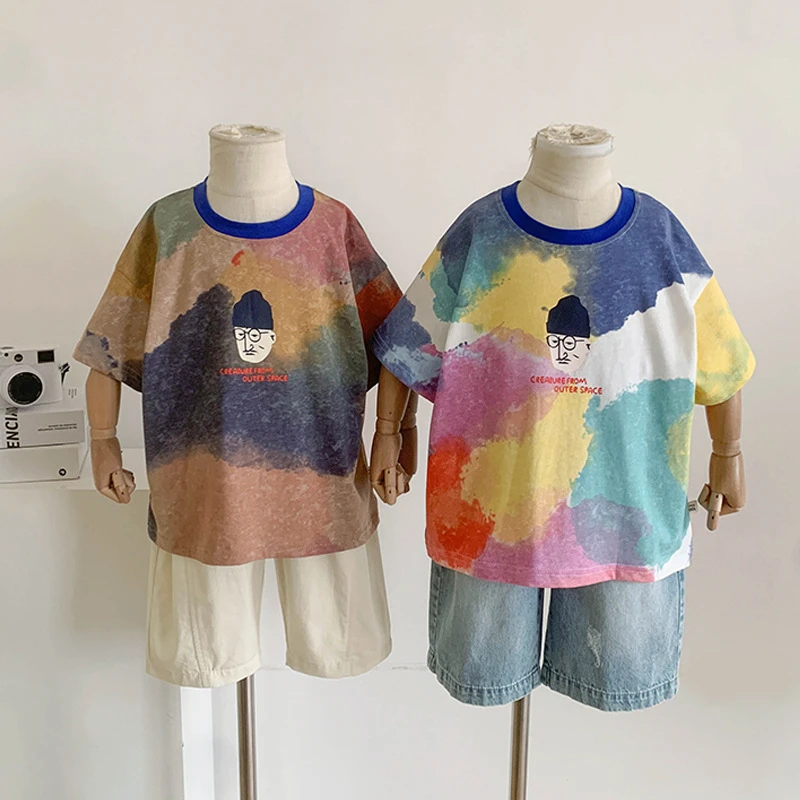 New summer children Colorful tie dyeing T shirts cartoon letters cotton short sleeve Tees boys soft loose Tops