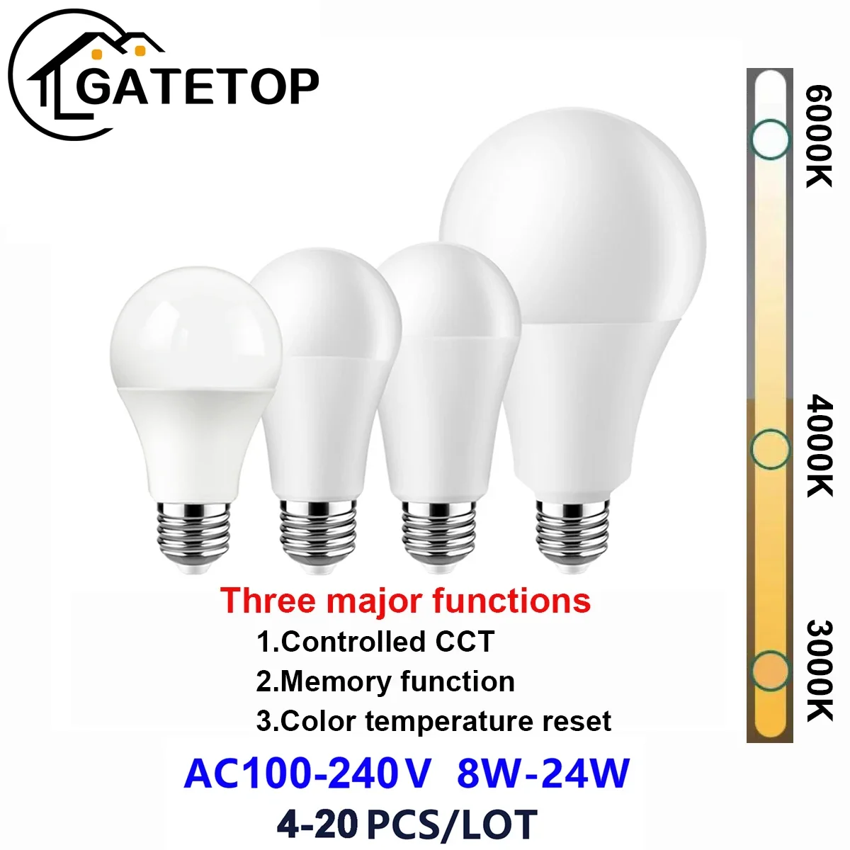 

Smart 3-color light bulb with memory 4-20PCS AC110V/AC220V E27 B22 Real Power 8W-24W No strobe for House Room Study