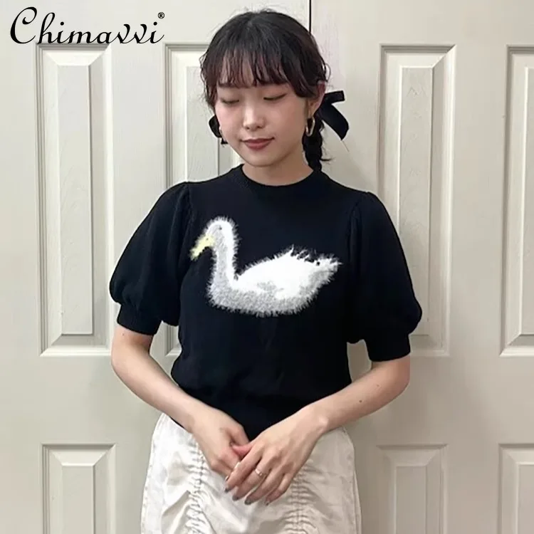 Suéter de punto de manga corta con cuello redondo, lindo 3D japonés, patito peludo, primavera y verano, Top corto Delgado Kawaii, nueva moda