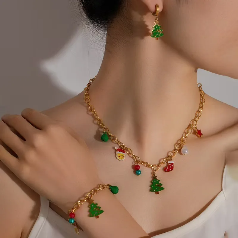

Комплект украшений для рождественской елки с ожерельем, браслетом и серьгами, водонепроницаемой цепочкой, праздничным подарком для женщин, ювелирным изделием, подарок