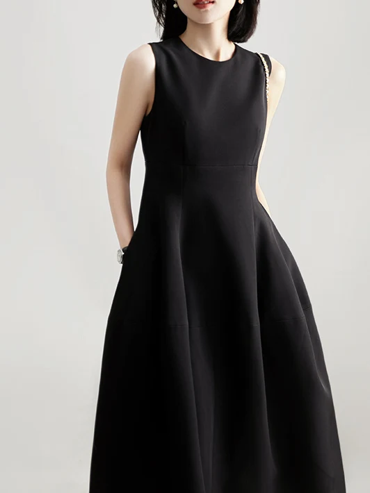 

Hualai Amait 2025 Летнее Новое Платье Миди с круглым вырезом, облегающее, белое, цвета лунного света, повседневное, с завышенной талией, из полиэстера