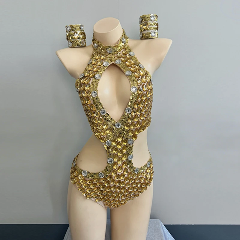 여성 섹시 고고 댄스 의상 속이 비치는 라인스톤 골드 바디수트 나이트클럽 바 댄스웨어 클럽 파티 쇼 레이브 의류 VDL4998